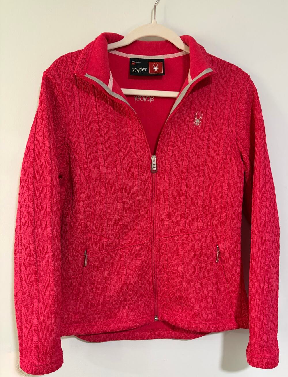 Spyder Women’s Cable Knit Full Zip Sweater Jacket Large Pink Fleece Lined